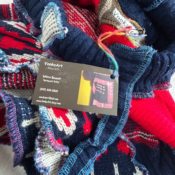 VonksArt Womens Handmade Knitted Poncho Top Art to Wear Boho Red Navy New $79 - Picture 4 of 7